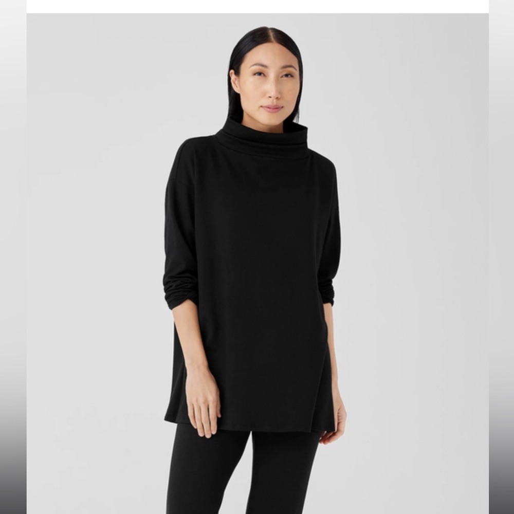 Eileen Fisher Funnel Neck Tunic Sweatshirt Black XS